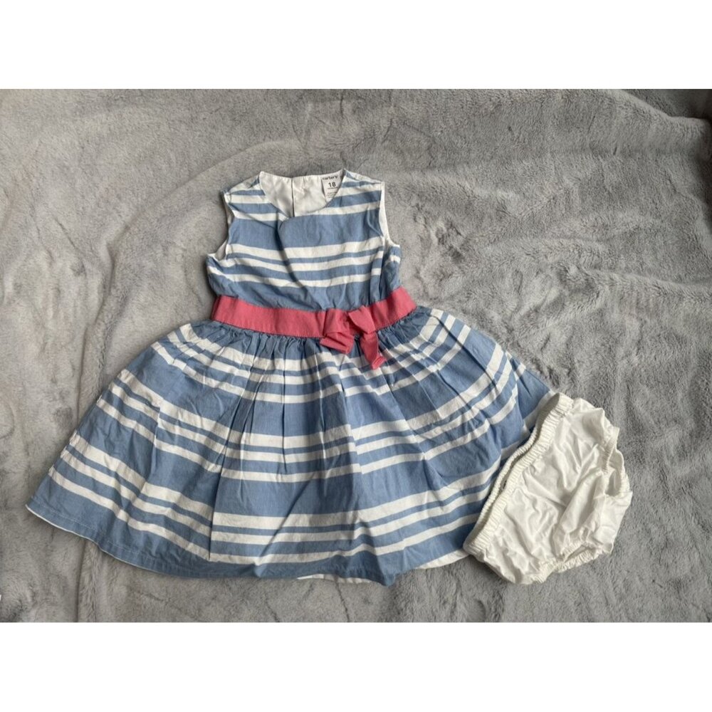 Carters Baby Girls Blue & White Striped Dress With Pink Bow & Bloomer Set